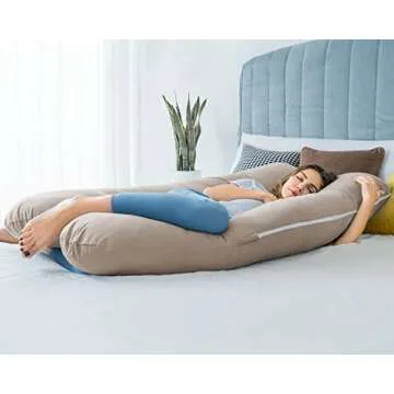 QUEEN ROSE Cooling Pregnancy Pillows, Maternity Pillow for Sleeping, 55in U Shaped Body Pillow for Pregnant Support, with Removable Silky Cover, Beige