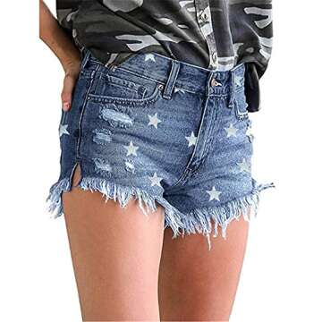 KISSMODA Women's Cute Denim Shorts - Mid Rise Ripped Distressed Jeans for Comfy Summer Style