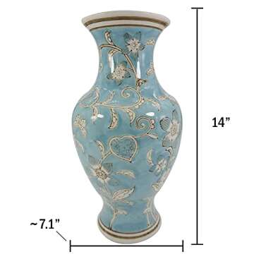 Galt International 14" Light Blue and White Chinoiserie Ceramic Vase - Hand Painted Antique Style