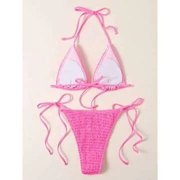 SweatyRocks Women's Halter Neck Tie Side Bikini Swimsuits 2 Piece Triangle Bathing Suit Hot Pink L