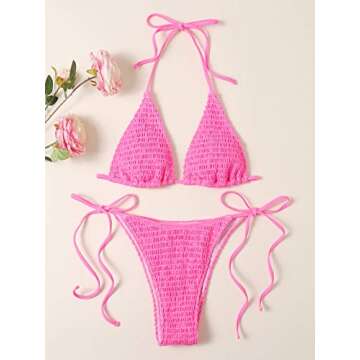 SweatyRocks Women's Halter Neck Tie Side Bikini Swimsuits 2 Piece Triangle Bathing Suit Hot Pink L