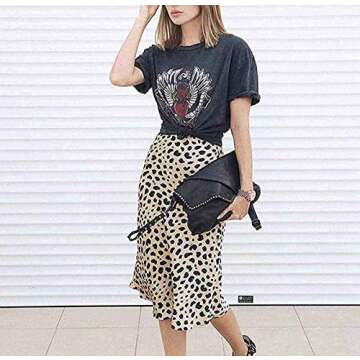 Keasmto Leopard Midi Skirt Plus Size for Women High Waist Silk Satin Elasticized Skirts
