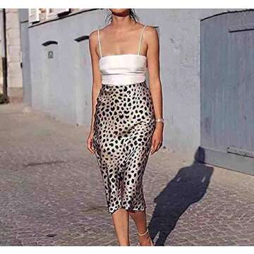 Keasmto Leopard Midi Skirt Plus Size for Women High Waist Silk Satin Elasticized Skirts