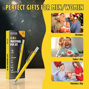 Cool Pen Gifts for Men, 6-in-1 Multi Tool Tech Pen Gadgets Tools for Men, Personalized Gifts for Dad or Him, Funny Gift for Christmas, Father's Day Valentines or Birthdays Gifts (Yellow)