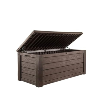 Keter Outdoor Storage Deck Box - 150 Gallon Resin Patio Bin & Bench, Wood Grain, Brown