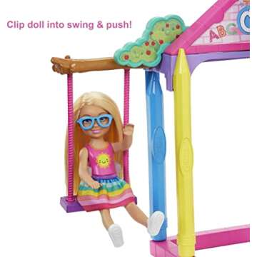 Barbie Club Chelsea School Playset with Blonde Small Doll & Classroom Accessories, Flipping Blackboard, Cafeteria, Desks & More