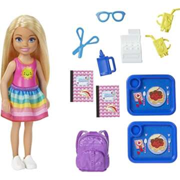 Barbie Club Chelsea School Playset with Blonde Small Doll & Classroom Accessories, Flipping Blackboard, Cafeteria, Desks & More