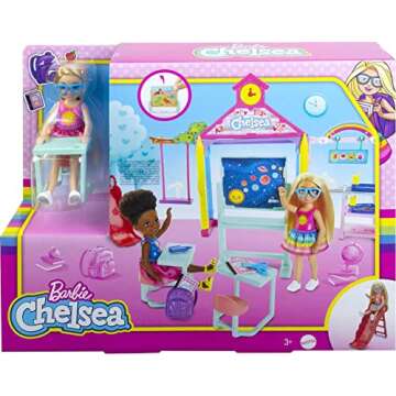 Barbie Club Chelsea School Playset with Blonde Small Doll & Classroom Accessories, Flipping Blackboard, Cafeteria, Desks & More