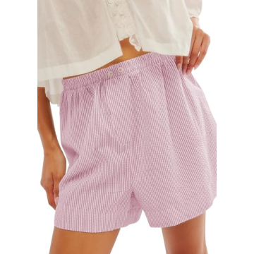 YUENIU Women's Casual Striped Print Elastic Shorts Summer High Waist Wide Leg Shorts with Pockets Pi...