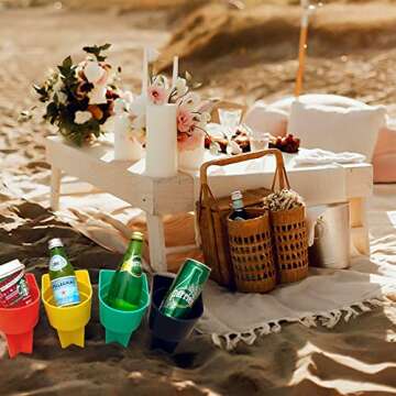 Home Queen Beach Cup Holder with Pocket, Multifunctional Sand Cup Holder for Beverage Phone, Beach Accessory Drink Sand Coaster, Set of 4 (Navy, Teal, Yellow and Orange)