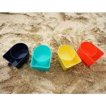 Home Queen Beach Cup Holder with Pocket, Multifunctional Sand Cup Holder for Beverage Phone, Beach Accessory Drink Sand Coaster, Set of 4 (Navy, Teal, Yellow and Orange)