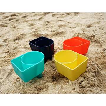 Home Queen Beach Cup Holder with Pocket, Multifunctional Sand Cup Holder for Beverage Phone, Beach Accessory Drink Sand Coaster, Set of 4 (Navy, Teal, Yellow and Orange)