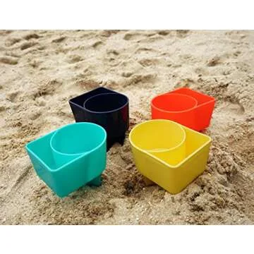 Home Queen Beach Cup Holder with Pocket, Multifunctional Sand Cup Holder for Beverage Phone, Beach Accessory Drink Sand Coaster, Set of 4 (Navy, Teal, Yellow and Orange)