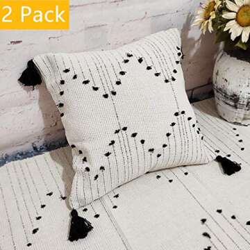 Woven Tufted Boho Throw Pillow Cover, Modern Decorative Geometric Diamond Chevron Cushion with Tassels, Farmhouse Tribal Pillowcase for Couch Sofa Bedroom Living Room, 18 x 18 Inches,Black Creamy