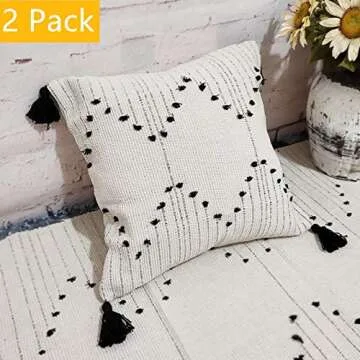 Woven Tufted Boho Throw Pillow Cover, Modern Decorative Geometric Diamond Chevron Cushion with Tassels, Farmhouse Tribal Pillowcase for Couch Sofa Bedroom Living Room, 18 x 18 Inches,Black Creamy