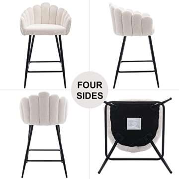 DUOMAY Modern Bar Stools Set of 4, 26" Counter Height Stools, Sherpa Upholstered Kitchen Island Barrel Chair with Black Metal Legs for Home Kitchen Bistro Coffee Shop Restaurants, White