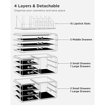 HBlife Acrylic Clear Dustproof Makeup Storage Organizer Drawers Large Skin Care Cosmetic Display Cases for Bathroom Stackable Storage Box with 11 Drawers for Vanity (Clear)