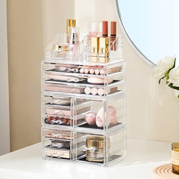 HBlife Acrylic Clear Dustproof Makeup Storage Organizer Drawers Large Skin Care Cosmetic Display Cases for Bathroom Stackable Storage Box with 11 Drawers for Vanity (Clear)