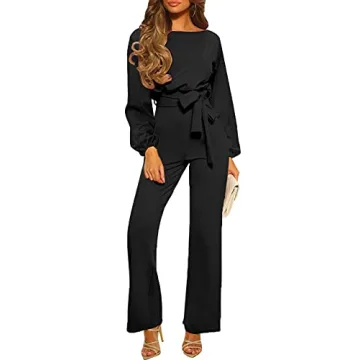 Stylish Happy Sailed Women Casual Loose Long Sleeve Belted Jumpsuit