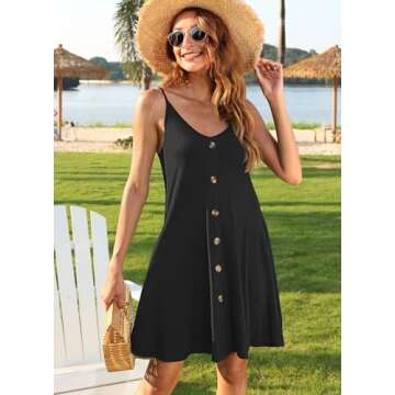 MISFAY Women Summer Spaghetti Strap Button Down V Neck Sleeveless Causal Beach Cover Up Dress with Pockets Black