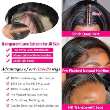 Subella 12A HD Lace Front Wigs Human Hair Pre Plucked Hairline with Baby Hair 180 Density 13x5 Brazilian Straight Human Hair Wigs for Black Women Natural Black Color (14inch)