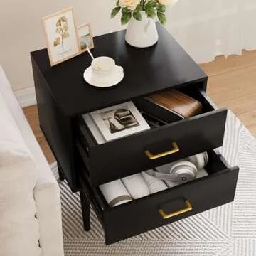 Stylish Black Nightstand with Gold Handles and Drawers