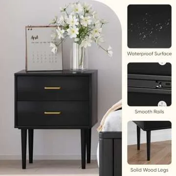 Stylish Black Nightstand with Gold Handles and Drawers