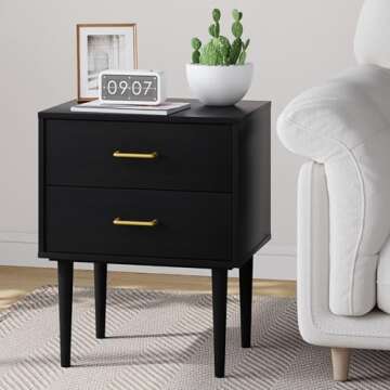 Stylish Black Nightstand with Gold Handles and Drawers