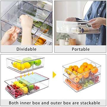 Mano Stackable Fridge Drawers Pull Out Bins with Handle Clear Refrigerator Drawers Organizer Food Storage Container Box with Dividers Plastic Produce Saver for Pantry, Cabinet, Kitchen, Clothes（7Pack）