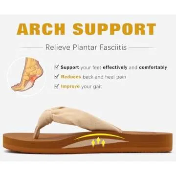 KuaiLu Flip Flops Women Arch Support Yoga Mat Comfortable Summer Beach Walking Thong Cushion Sandals Slip on Outfits Travel Essentials Orthotic Slides Indoor Outdoor Slippers Shoes Beige Khaki Size 5
