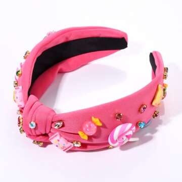 Knotted Headband for Women Lollipop Candy Charms Crystal Jeweled Embellished Top Knot Hairband Statement Wide Turban Hair Hoop Funny Gifts for Girls Sister Birthday Xmas Holiday Party