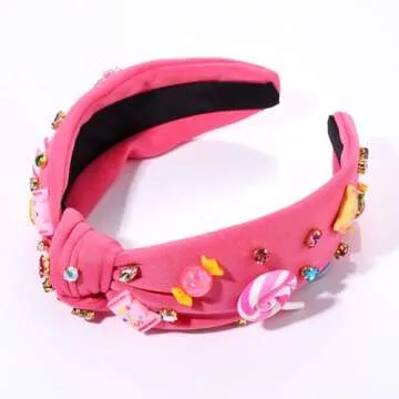 Knotted Headband for Women Lollipop Candy Charms Crystal Jeweled Embellished Top Knot Hairband Statement Wide Turban Hair Hoop Funny Gifts for Girls Sister Birthday Xmas Holiday Party