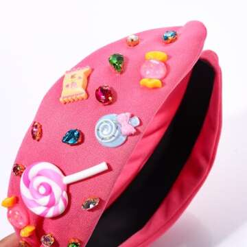 Knotted Headband for Women Lollipop Candy Charms Crystal Jeweled Embellished Top Knot Hairband Statement Wide Turban Hair Hoop Funny Gifts for Girls Sister Birthday Xmas Holiday Party