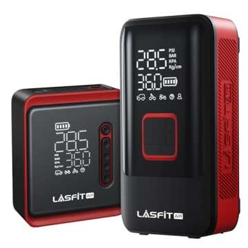 LASFIT AIR CR1 TK1 Tire Inflator, 150PSI 2in1 Cordless 12V DC Electric Car Air Pump w/Digital Pressure Gauge, 3X Fast Inflation, 7800mAH Battery, LED Light for Car Bike Motorcycle