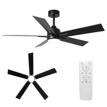 Ceiling Fans with Lights and Remote Black Farmhouse Ceiling Fans for Bedroom Living Room Flush Mount Outdoor Ceiling Fans for Patios Chandelier Light, Dimmable LED, Reverse DC Motor, 48 Inch