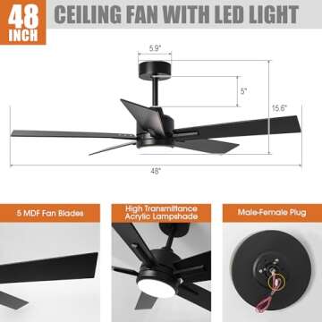 Ceiling Fans with Lights and Remote Black Farmhouse Ceiling Fans for Bedroom Living Room Flush Mount Outdoor Ceiling Fans for Patios Chandelier Light, Dimmable LED, Reverse DC Motor, 48 Inch