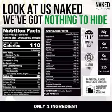 Naked Casein - 1Lb Micellar Casein Protein - Bulk, Gmo-Free, Gluten Free, Soy Free, Preservative Free - Stimulate Muscle Growth - Enhance Recovery - 15 Servings