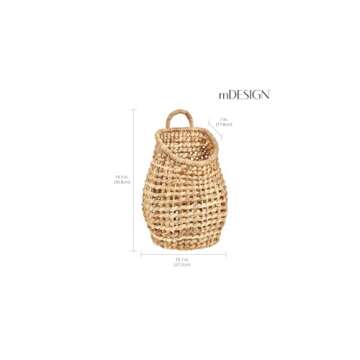 mDesign Open Weave Water Hyacinth Hanging Wall Storage Belly Basket for Flowers & Essentials, Decorative Boho Mounted Organizer for Pantry, Closet, Bathroom, and The Door - Natural/Tan