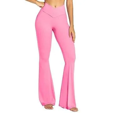 Sunzel Flare Leggings, Crossover Yoga Pants with Tummy Control, High Waisted and Wide Leg, No Front Seam Bubblegum Pink Medium 30" Inseam