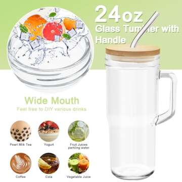 4Pack 24oz Glass Tumbler Cups with Handle Bamboo Lids and Straws Reusable Mason Jar Drinking Glasses for Iced Coffee Smoothies Beer Juice and Tea