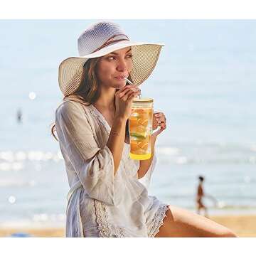 4Pack 24oz Glass Tumbler Cups with Handle Bamboo Lids and Straws Reusable Mason Jar Drinking Glasses for Iced Coffee Smoothies Beer Juice and Tea