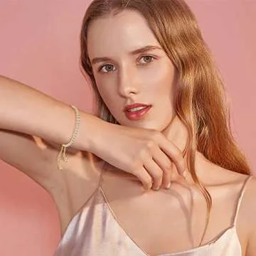 FINELOVE Cubic Zirconia Classic Tennis Bracelet for Women - 14K Gold Plated Square CZ Bracelets for Men - Adjustable Slider