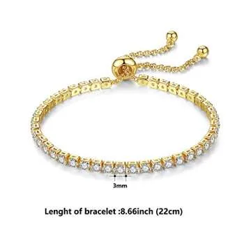 FINELOVE Cubic Zirconia Classic Tennis Bracelet for Women - 14K Gold Plated Square CZ Bracelets for Men - Adjustable Slider