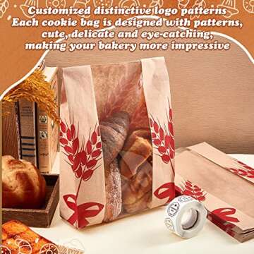Gueevin 150 Pcs Kraft Paper Bread Loaf Bag with Clear Window Large Paper Bread Bags for Homemade Bakery Food Packaging Storage with 500 Pcs Stickers for Sourdough Popcorn Cookies, 14 x 8.3 x 3.2 in