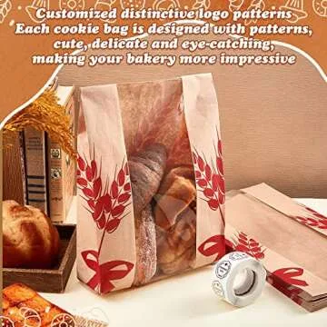 Gueevin 150 Pcs Kraft Paper Bread Loaf Bag with Clear Window Large Paper Bread Bags for Homemade Bakery Food Packaging Storage with 500 Pcs Stickers for Sourdough Popcorn Cookies, 14 x 8.3 x 3.2 in