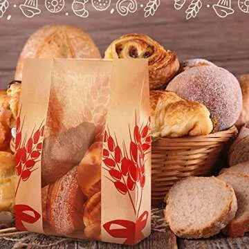 Gueevin 150 Pcs Kraft Paper Bread Loaf Bag with Clear Window Large Paper Bread Bags for Homemade Bakery Food Packaging Storage with 500 Pcs Stickers for Sourdough Popcorn Cookies, 14 x 8.3 x 3.2 in