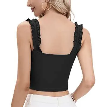 CLOZOZ Crop Tops for Women Ruffle Cropped Tank Tops Cute Summer Ribbed Square Neck Trendy Going Out Preppy Strappy Top