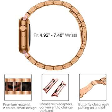 Wearlizer Compatible with Apple Watch Bands 42/44/45/46/49mm Wristband Womens Mens， Stainless Steel Fashion Resin Bracelet Series iWatch Ultra2/Ultra/SE/10/9/8/7/6/5/4/3/2/1-Dark Rose Gold+Tortoise