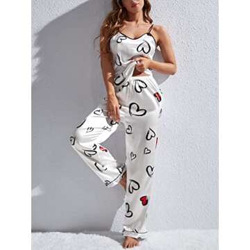 OYOANGLE Women's 2 Piece Pajamas Set Satin Heart Print Cami Top and Pants Loungewear White M