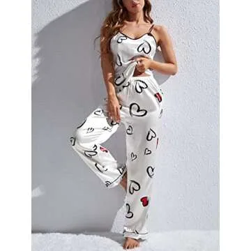 OYOANGLE Women's 2 Piece Pajamas Set Satin Heart Print Cami Top and Pants Loungewear White M
